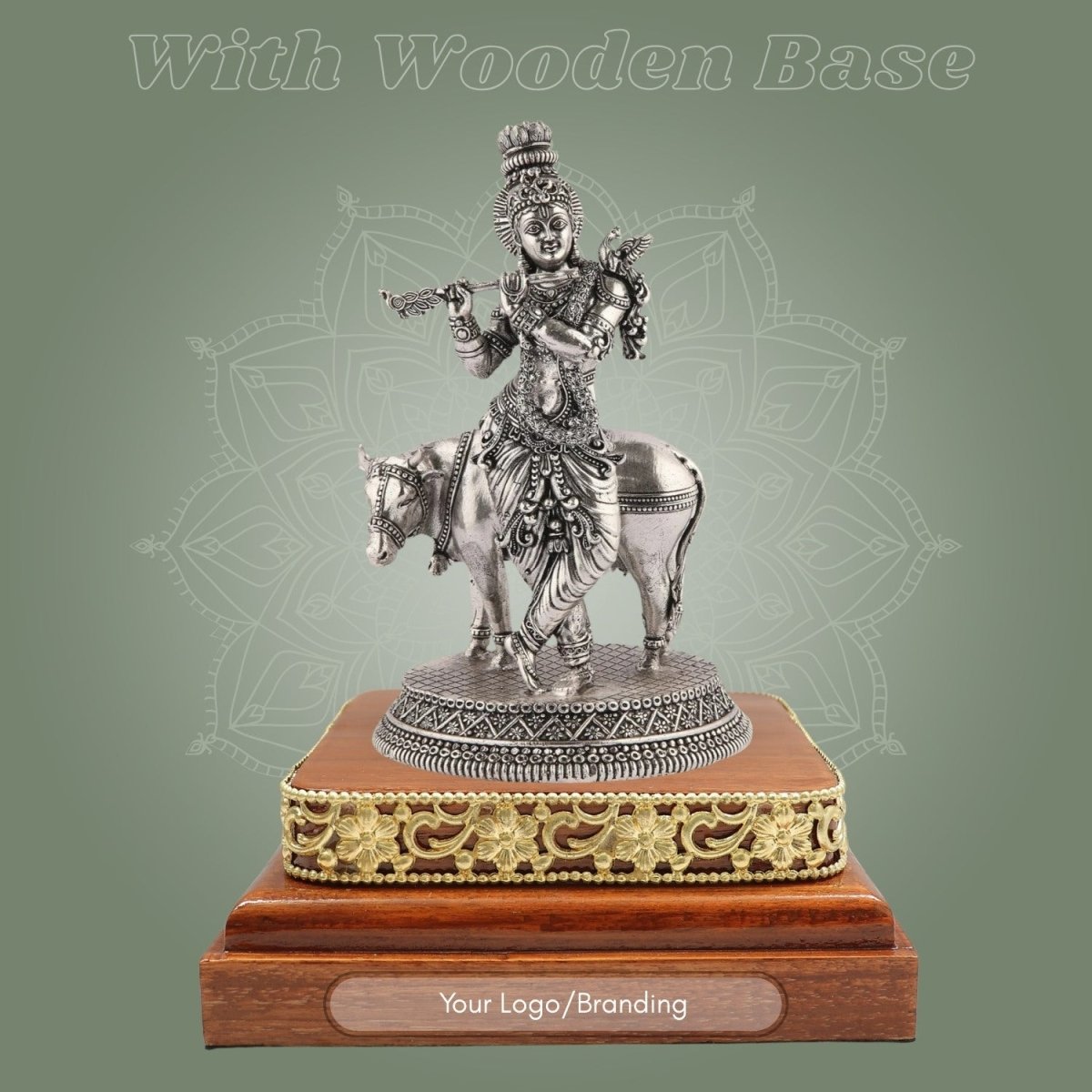 Krishna with Cow Idol 6.75" on Wooden Base Silver Finish Handcrafted - Luxeartisanship