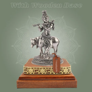 6.75 inch Krishna with Cow Idol on Wooden Base – Silver Finish