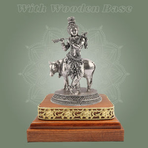 Krishna with Cow Idol 6.75" on Wooden Base Silver Finish Handcrafted - Luxeartisanship