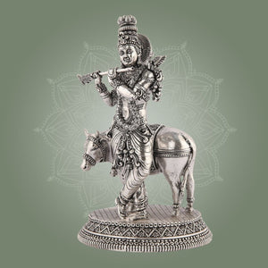 Brass Krishna Idol with Cow