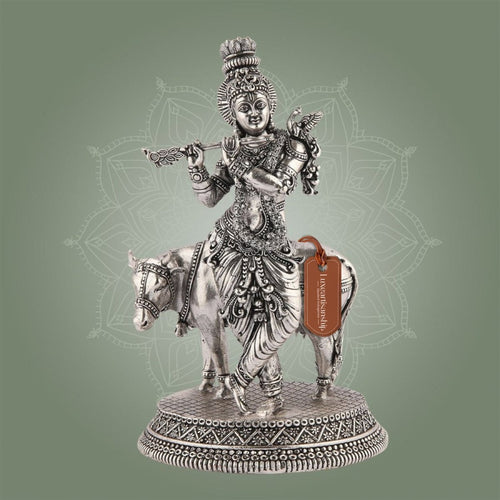 Krishna with Cow Idol 6.75" Silver Finish Handcrafted Brass Sculptures