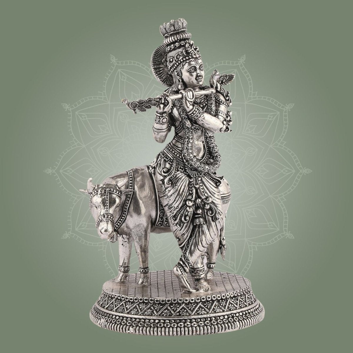 Brass Krishna Idol with Cow