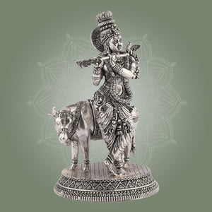 Brass Krishna Idol with Cow