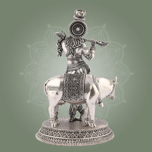 Brass Krishna Idol with Cow