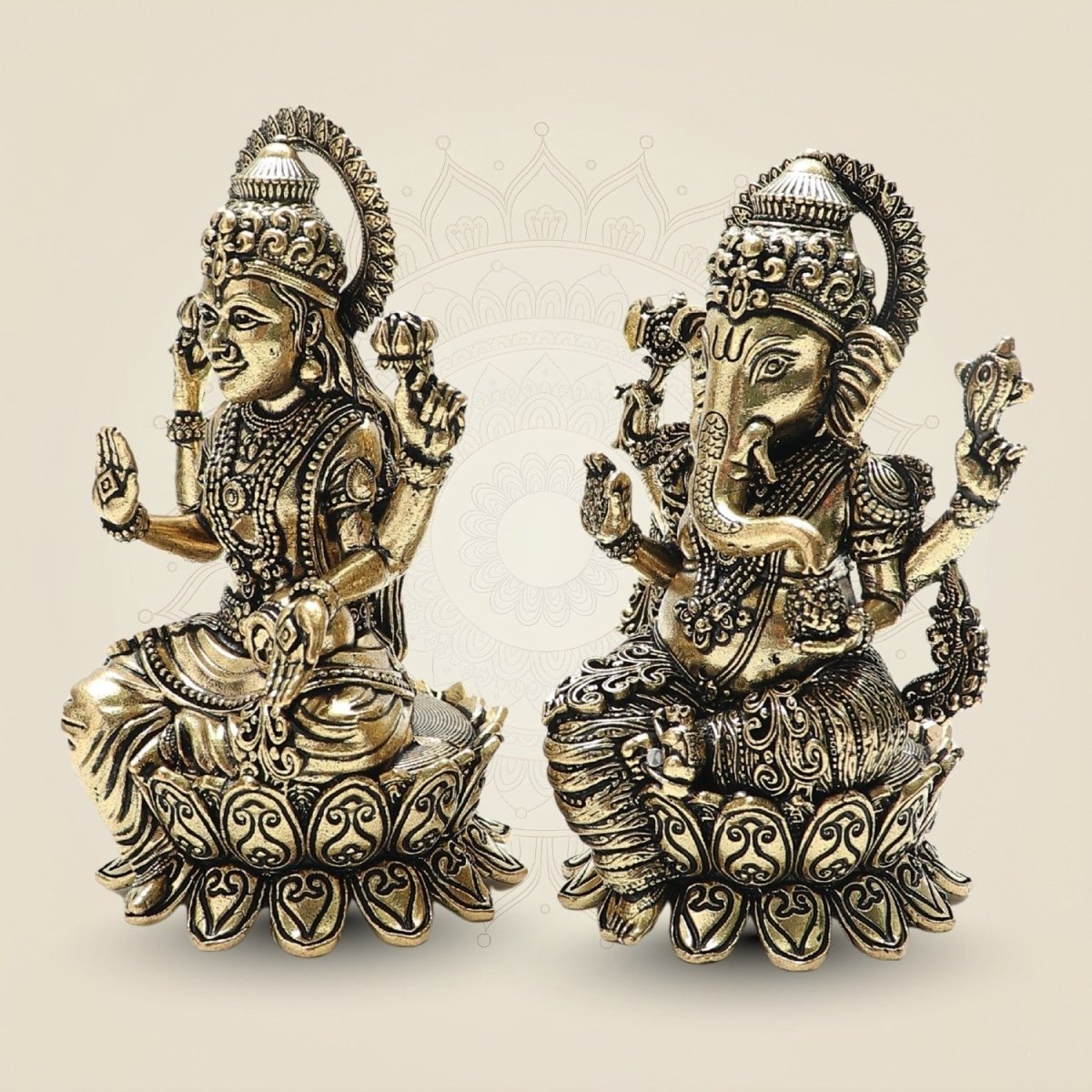 Lakshmi and Ganesha Brass Idol Set – Lotus Seated Prosperity 4" - Luxeartisanship