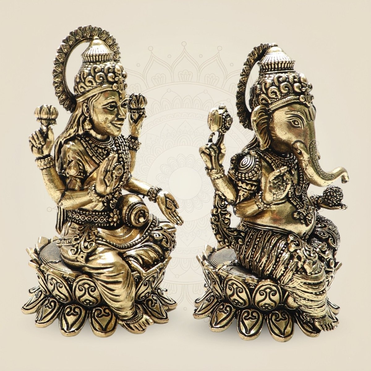 Lakshmi and Ganesha Brass Idol Set – Lotus Seated Prosperity 4" - Luxeartisanship
