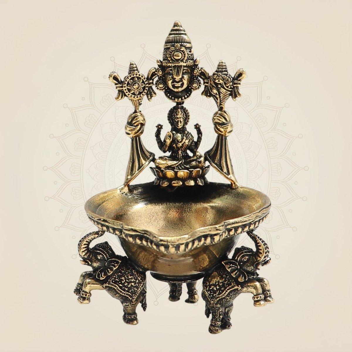 Lakshmi Balaji Brass Diya - Three Elephant Base 3.5 Auspicious Puja Lamp - Luxeartisanship
