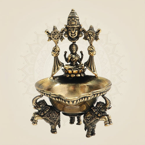 Lakshmi Balaji Brass Diya - Three Elephant Base 3.5 Auspicious Puja Lamp