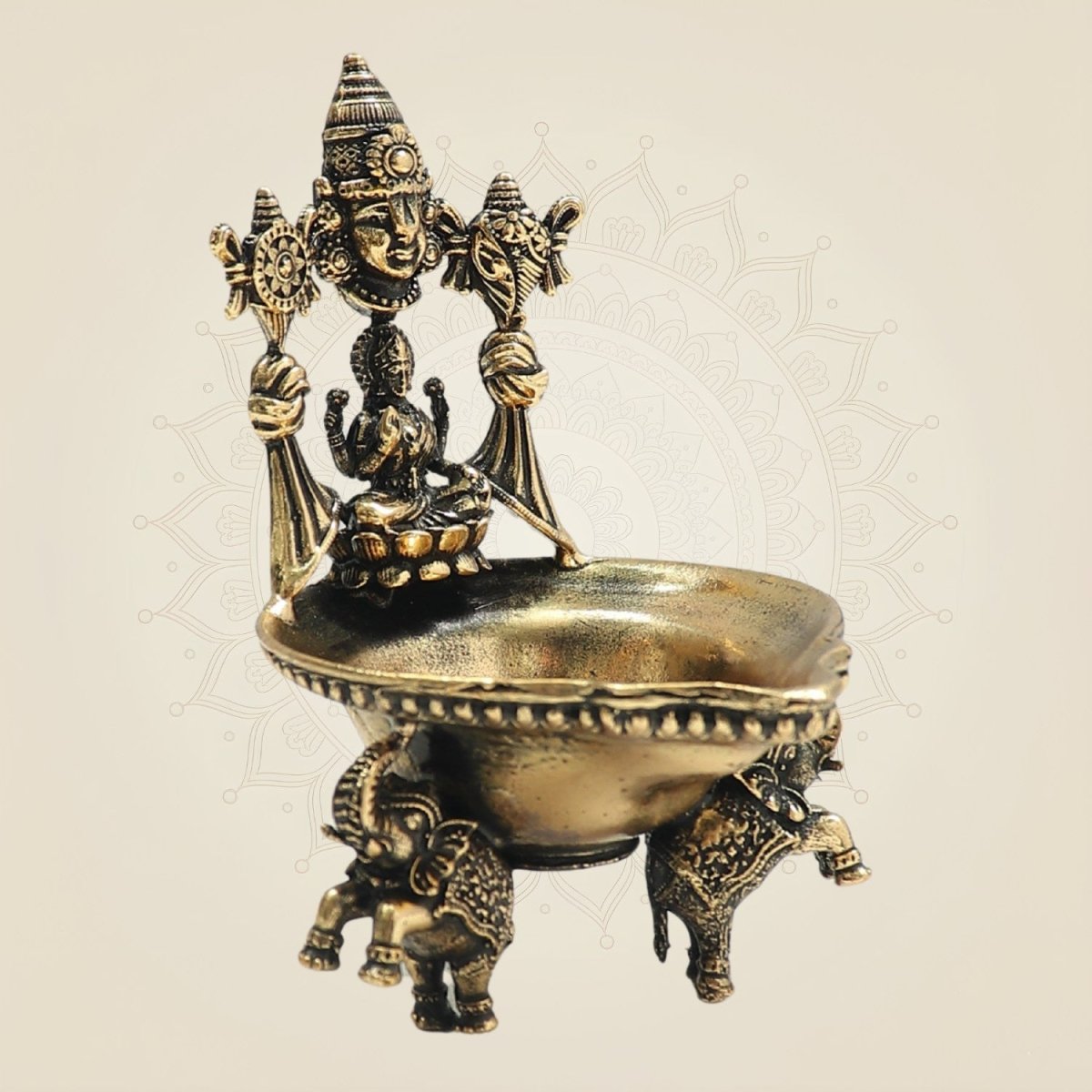 Lakshmi Balaji Brass Diya - Three Elephant Base 3.5 Auspicious Puja Lamp - Luxeartisanship