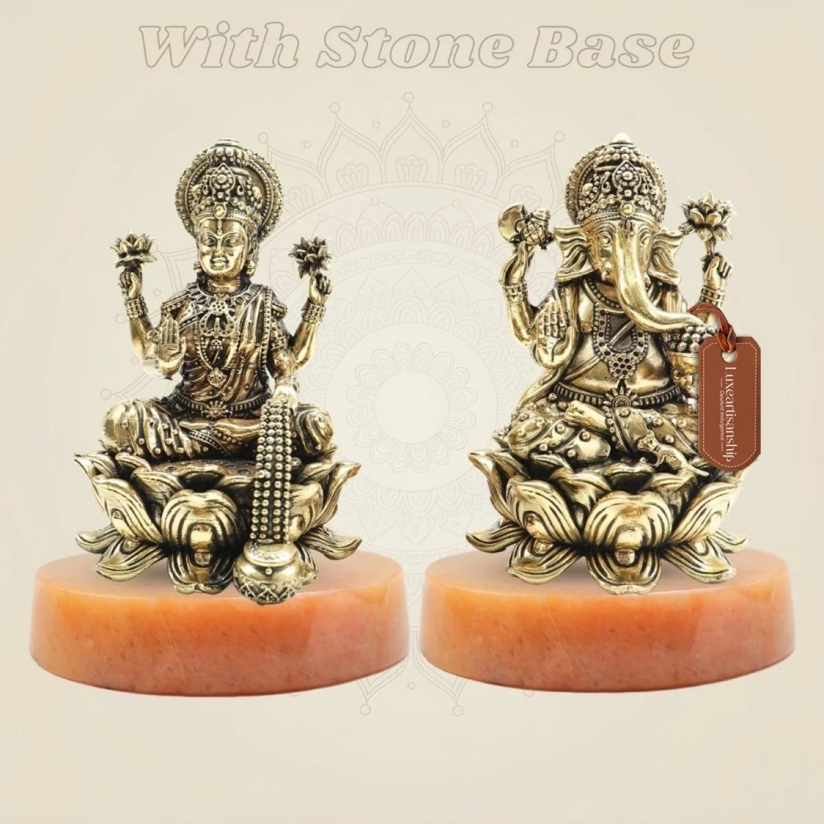 Lakshmi Ganesh Brass Sculpture with stone base - Luxeartisanship