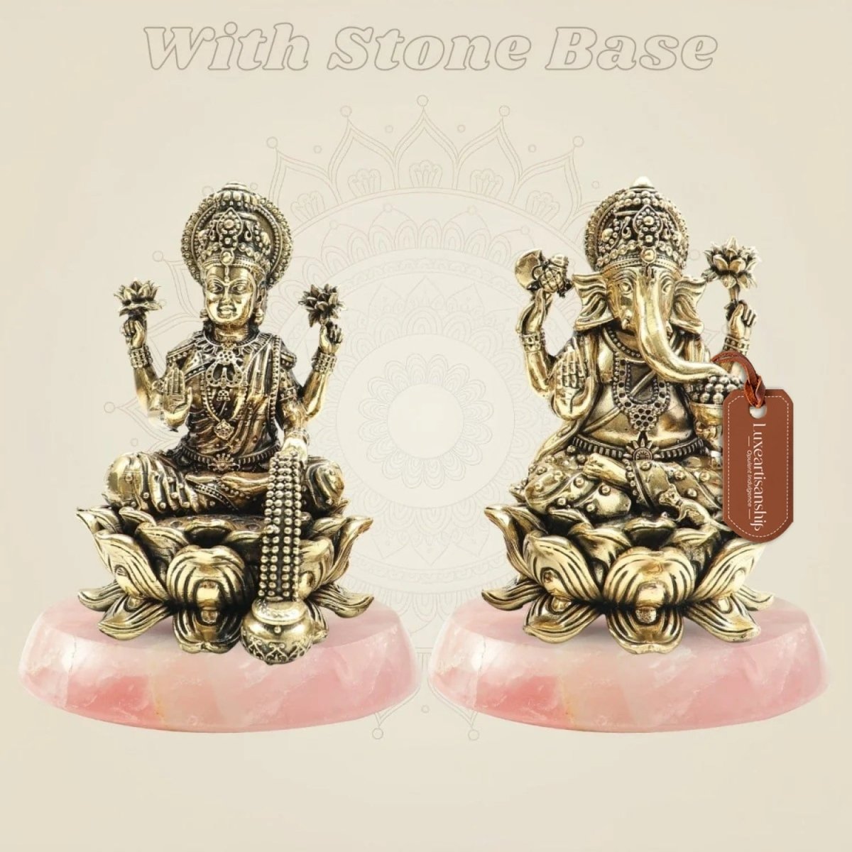 Lakshmi Ganesh Brass Sculpture with stone base - Luxeartisanship