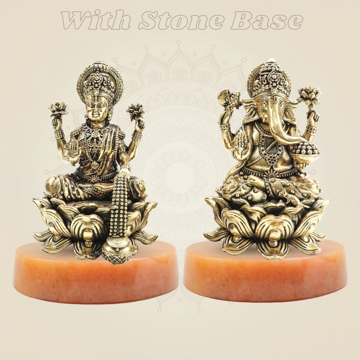 Lakshmi Ganesh Brass Sculpture with stone base - Luxeartisanship