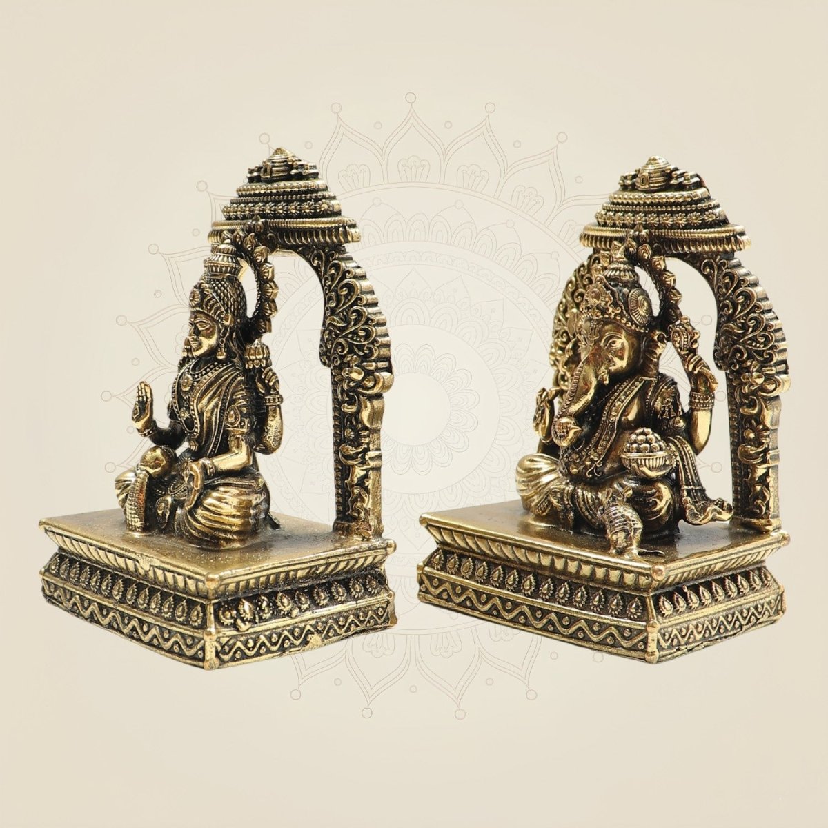 Lakshmi Ganesh Brass Murti 4" Set with Ornamental Prabhavali - Luxeartisanship