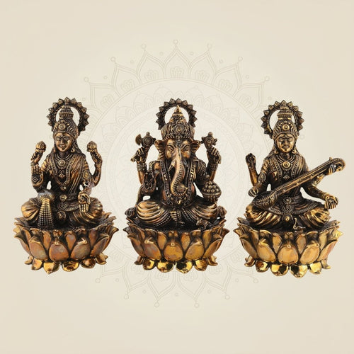 Lakshmi Ganesh Saraswati Idol – 6" Handmade Brass Murti on Lotus