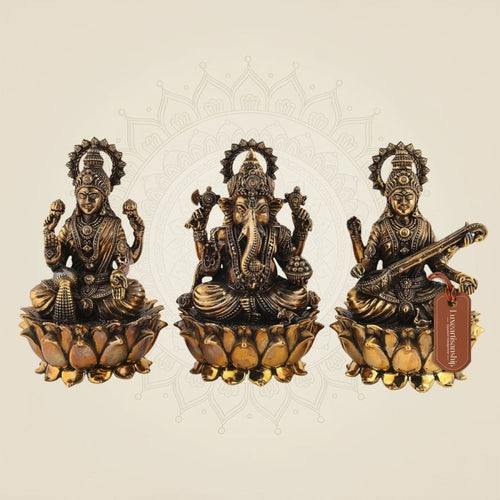 Lakshmi Ganesh Saraswati Idol – 6" Handmade Brass Murti on Lotus