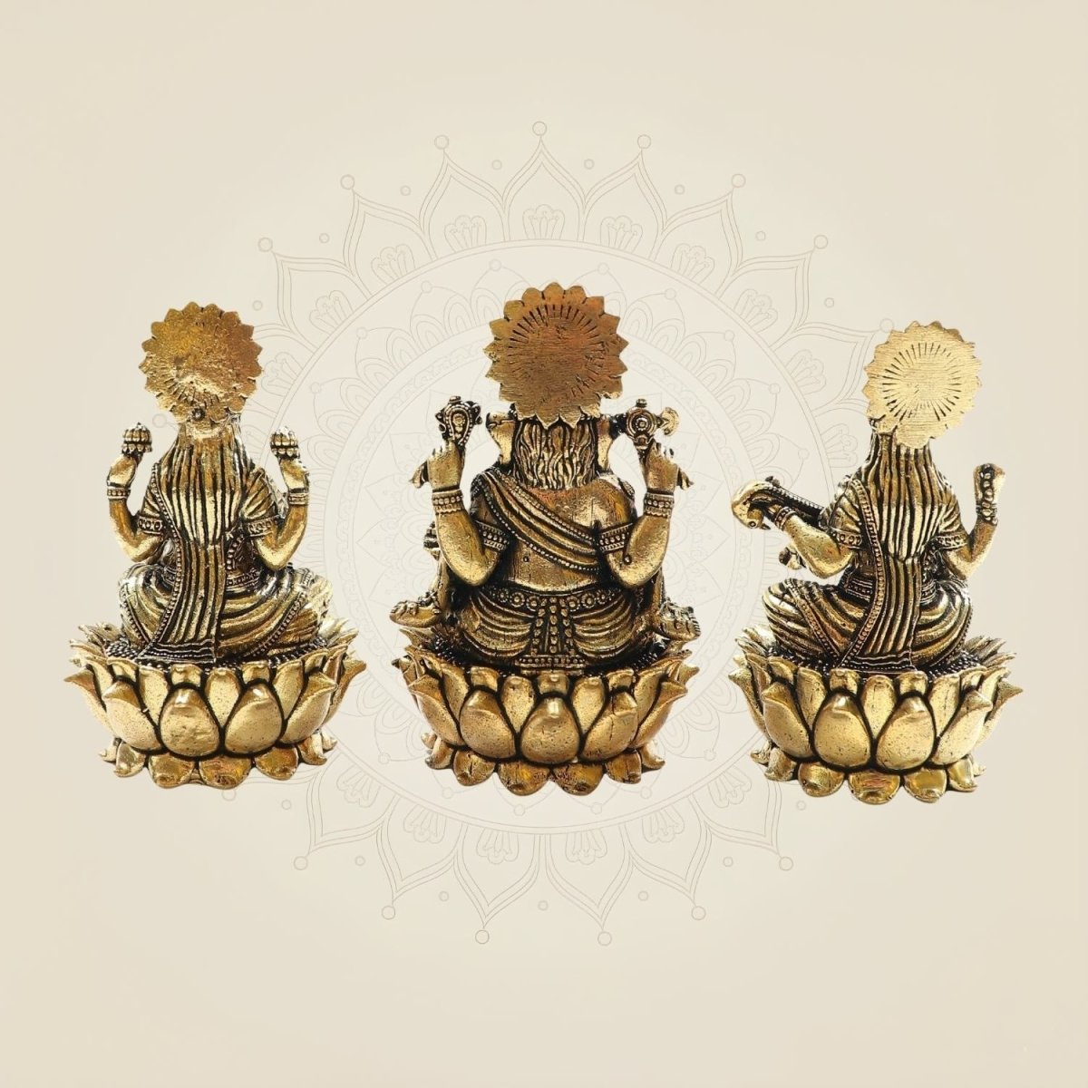 Handmade Lakshmi Ganesh Saraswati Idol on Lotus Set od 3