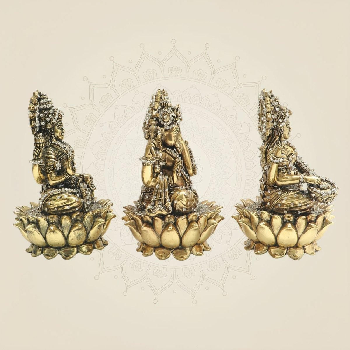 Lakshmi Ganesha Saraswati Brass Idol Set with Sparkling Stone Detail 6" - Luxeartisanship