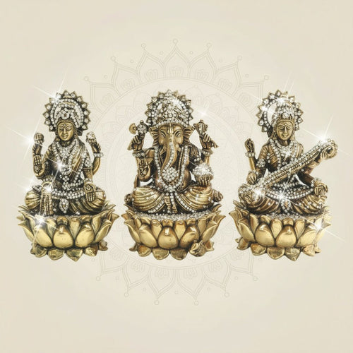 Lakshmi Ganesha Saraswati Brass Idol Set with Sparkling Stone Detail 6"