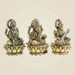 Lakshmi Ganesha Saraswati Brass Idol Set with Sparkling Stone Detail 6" - Luxeartisanship