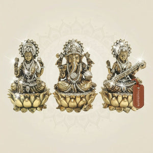 Brass Laxmi Ganesh Saraswati Idol Trio - Jewellery Stone Work