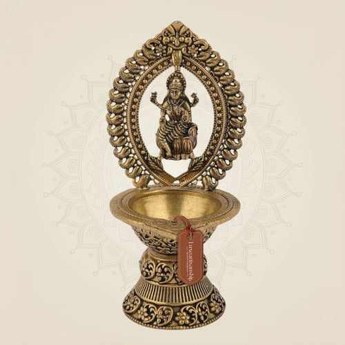 Lakshmi Mata Brass Diya 4.5" Handcrafted Oil Lamp for Pooja, Wealth & Blessings