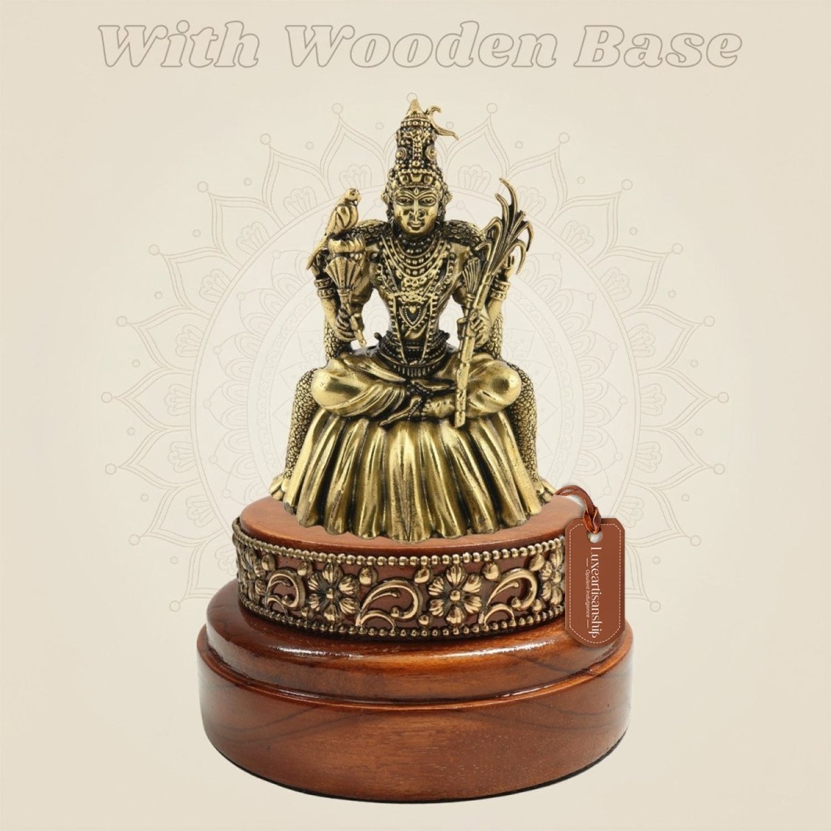 Lalita Devi Brass Idol (4″) Presented on a Hand - Finished Round Wooden Platform - Luxeartisanship
