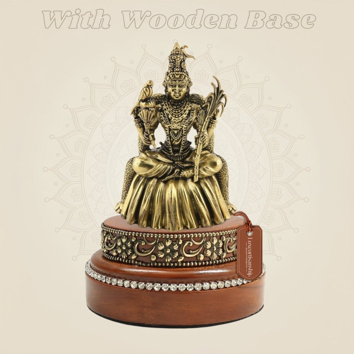 Lalita Devi Brass Idol (4″) Presented on a Hand - Finished Round Wooden Platform - Luxeartisanship