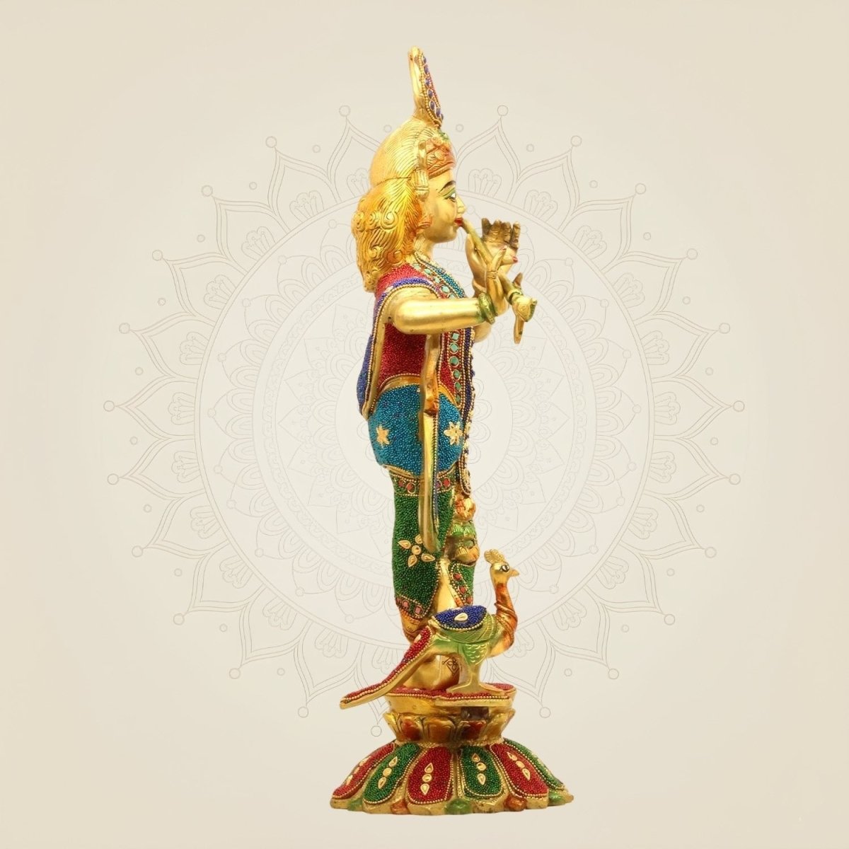 Large Brass Krishna Idol Meenakari Stone Work Murti - Luxeartisanship