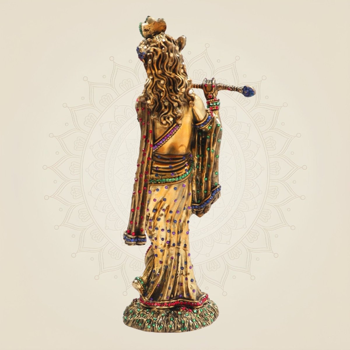 Large Krishna Brass Idol with Jewellery Stone Work 12" - Luxeartisanship