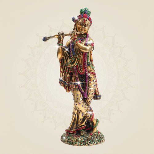 Large Krishna Brass Idol with Jewellery Stone Work 12"