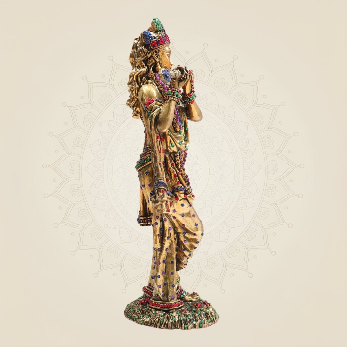 Large Krishna Brass Idol with Jewellery Stone Work 12" - Luxeartisanship