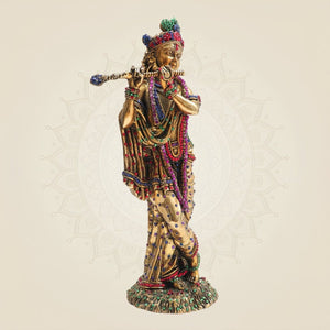 Large Krishna Brass Idol with Jewellery Stone Work 12" - Luxeartisanship