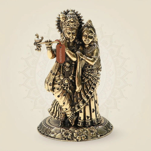 Brass Radha Krishna Idol 4"– Graceful Flute-Playing Murti for Home