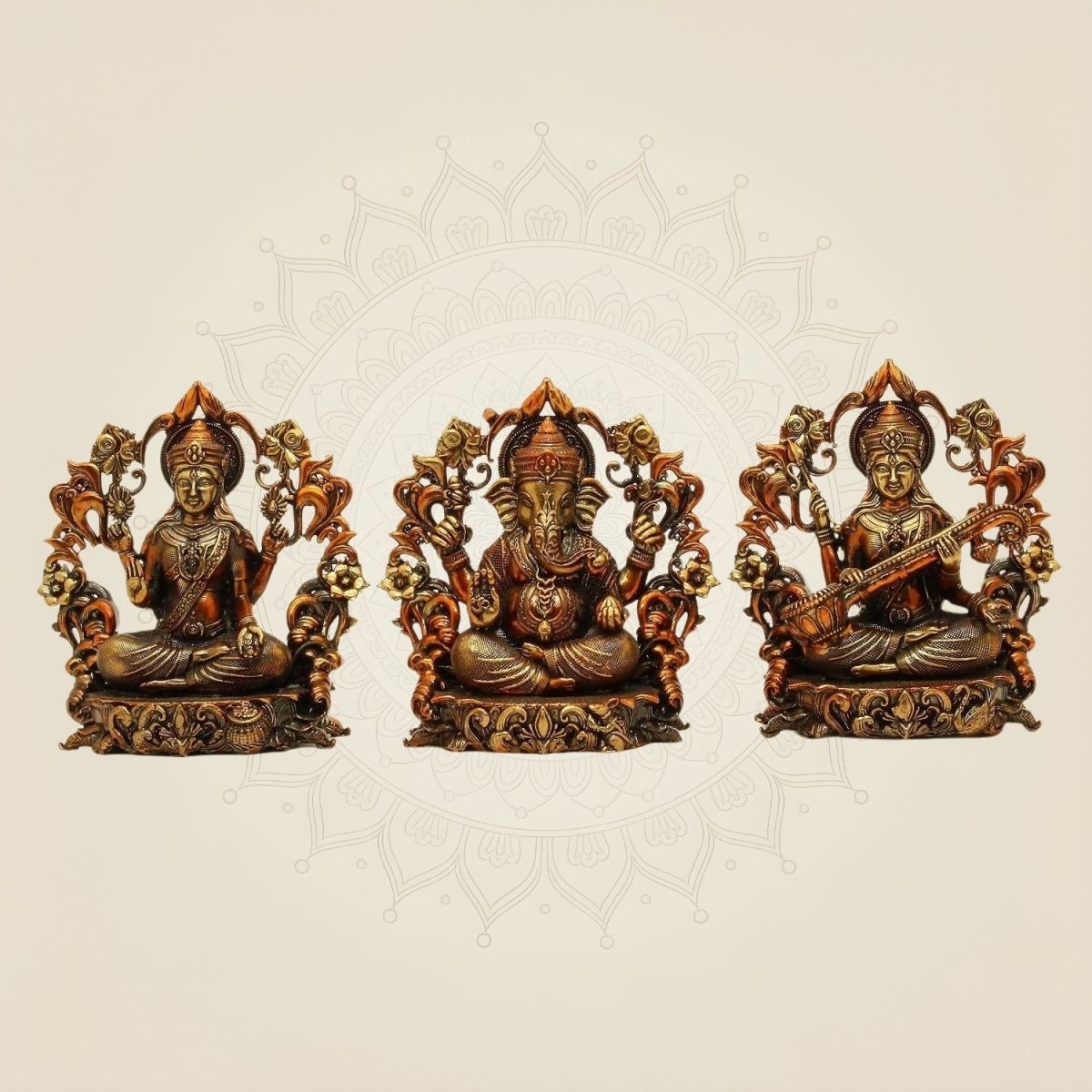 Laxmi Ganesh Saraswati Brass colored Statue