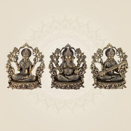 Laxmi Ganesh Saraswati Brass Idol – 3.75" Handcrafted Murti
