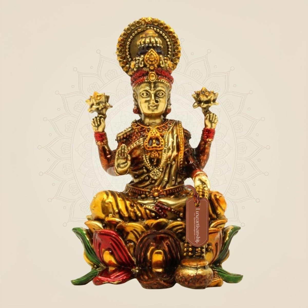 Laxmi Maa on Lotus Idol - 4.25" Handcrafted Brass Wealth Statue - Luxeartisanship