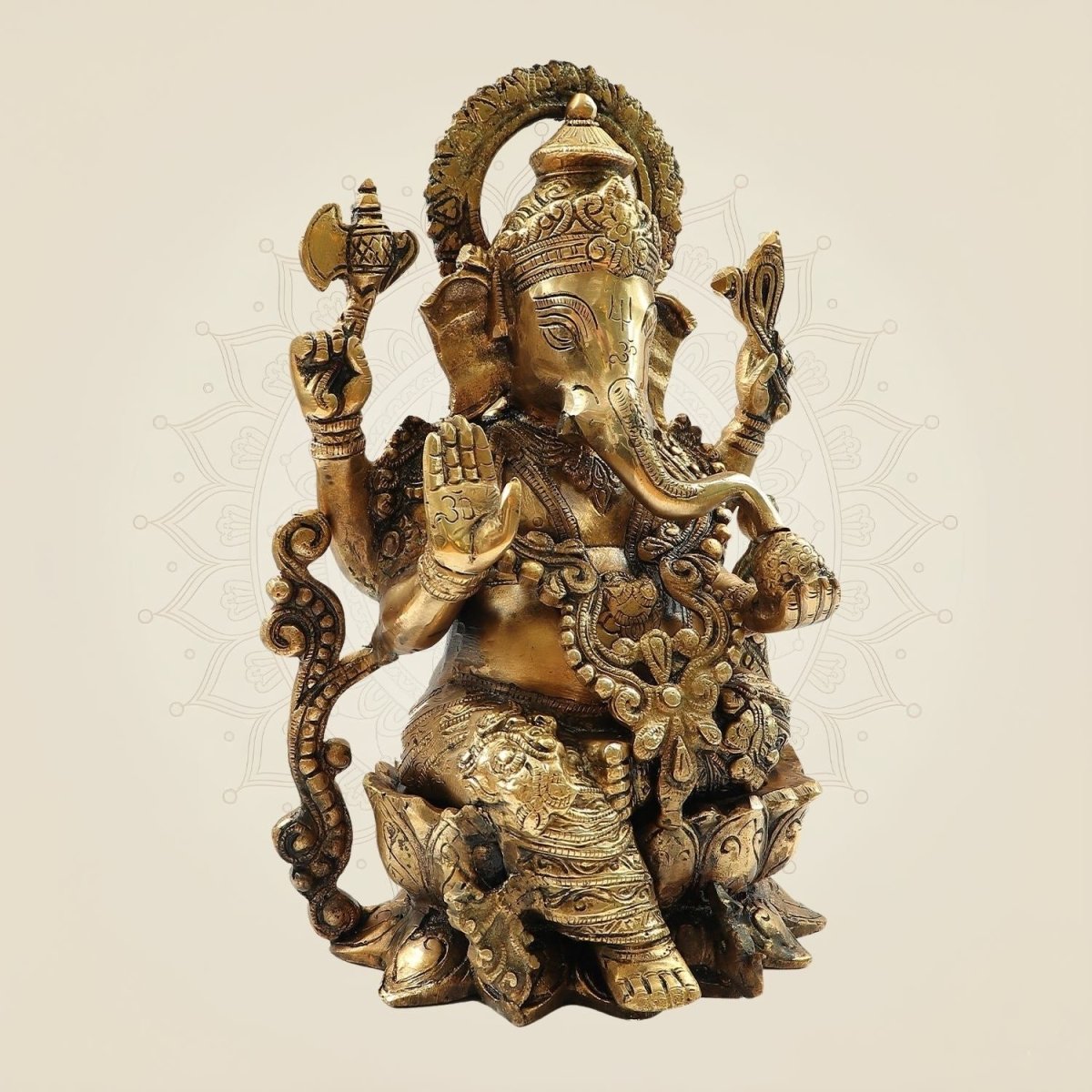 Lord Ganesh on Lotus Brass Idol – Heavy Handcrafted Ganpati Murti - 12.25" - Luxeartisanship