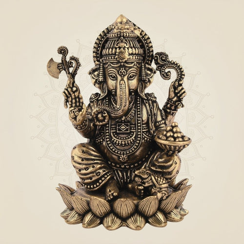 Lord Ganesha 4" on Lotus Brass Idol – Handcrafted Lightweight Statue