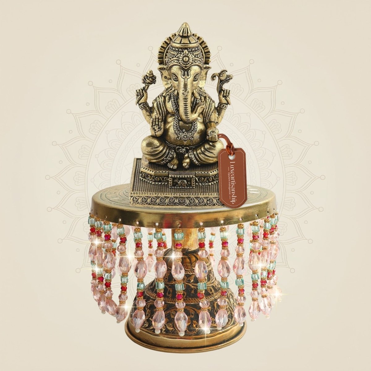 Lord Ganesha Brass Murti on Decorative Chowki 8.5"– Textured Surface Design - Luxeartisanship