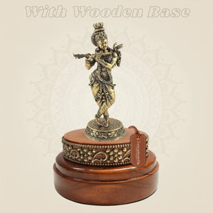 Lord Krishna Brass Idol 6" Cast in Brass with Round Wooden Base - Luxeartisanship