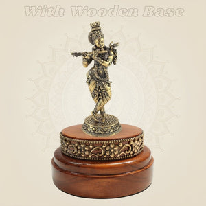 Lord Krishna Brass Idol 6" Cast in Brass with Round Wooden Base - Luxeartisanship