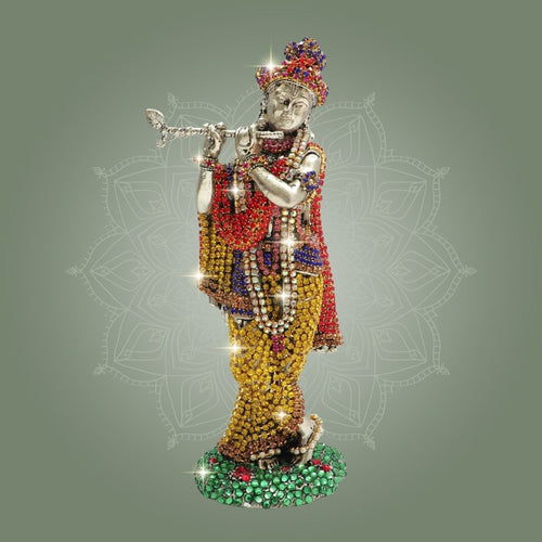 Lord Krishna Brass Idol 6" Jewellery Stone Work - Decorative Home Decor