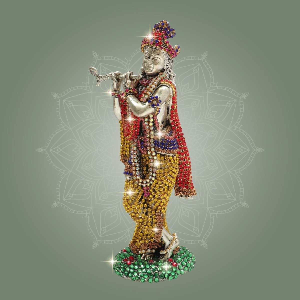 Lord Krishna Brass Idol 6" Jewellery Stone Work - Decorative Home Decor - Luxeartisanship