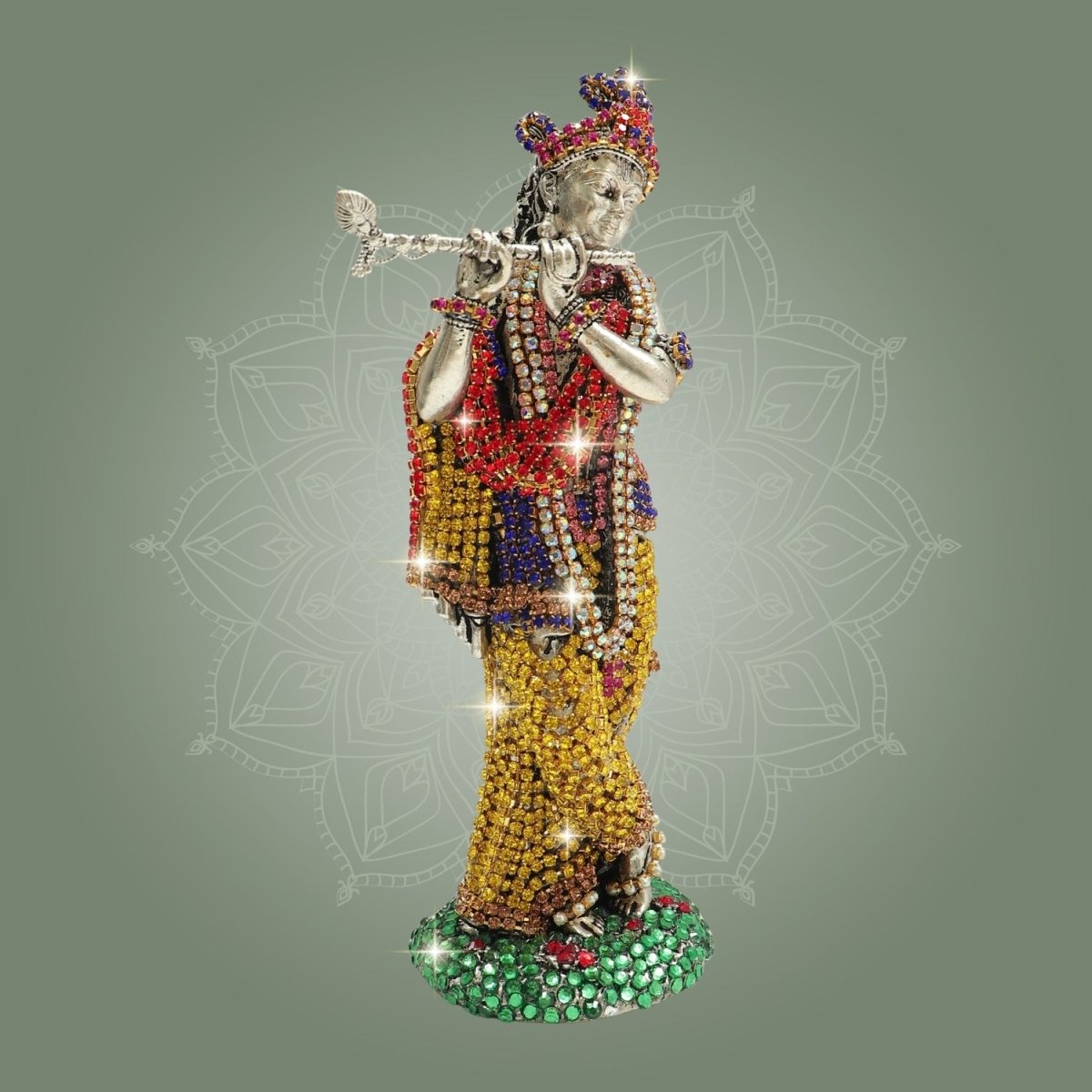 Lord Krishna Brass Idol 6" Jewellery Stone Work - Decorative Home Decor - Luxeartisanship