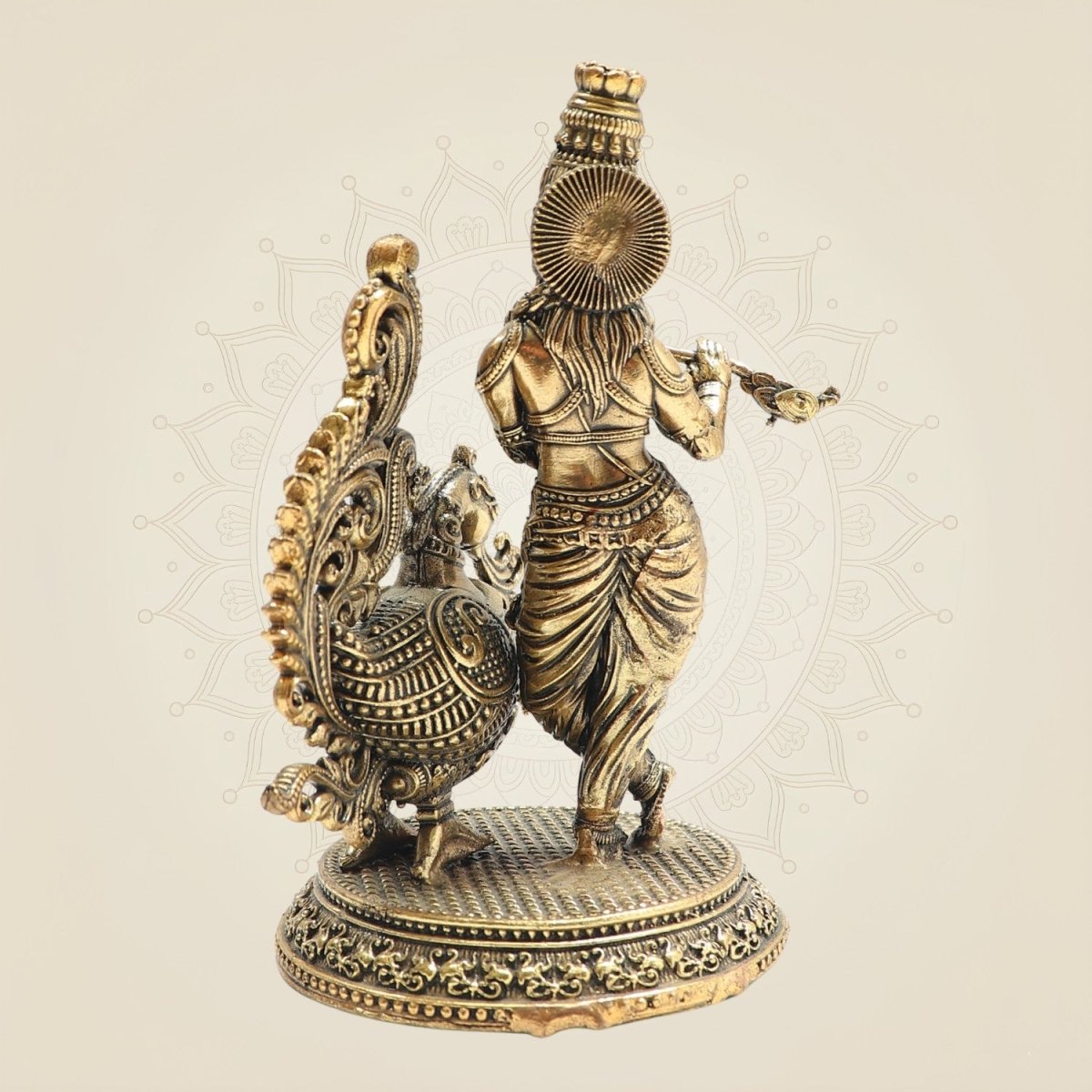 Lord Krishna Brass Idol with Peacock for Home Temple 5" - Luxeartisanship