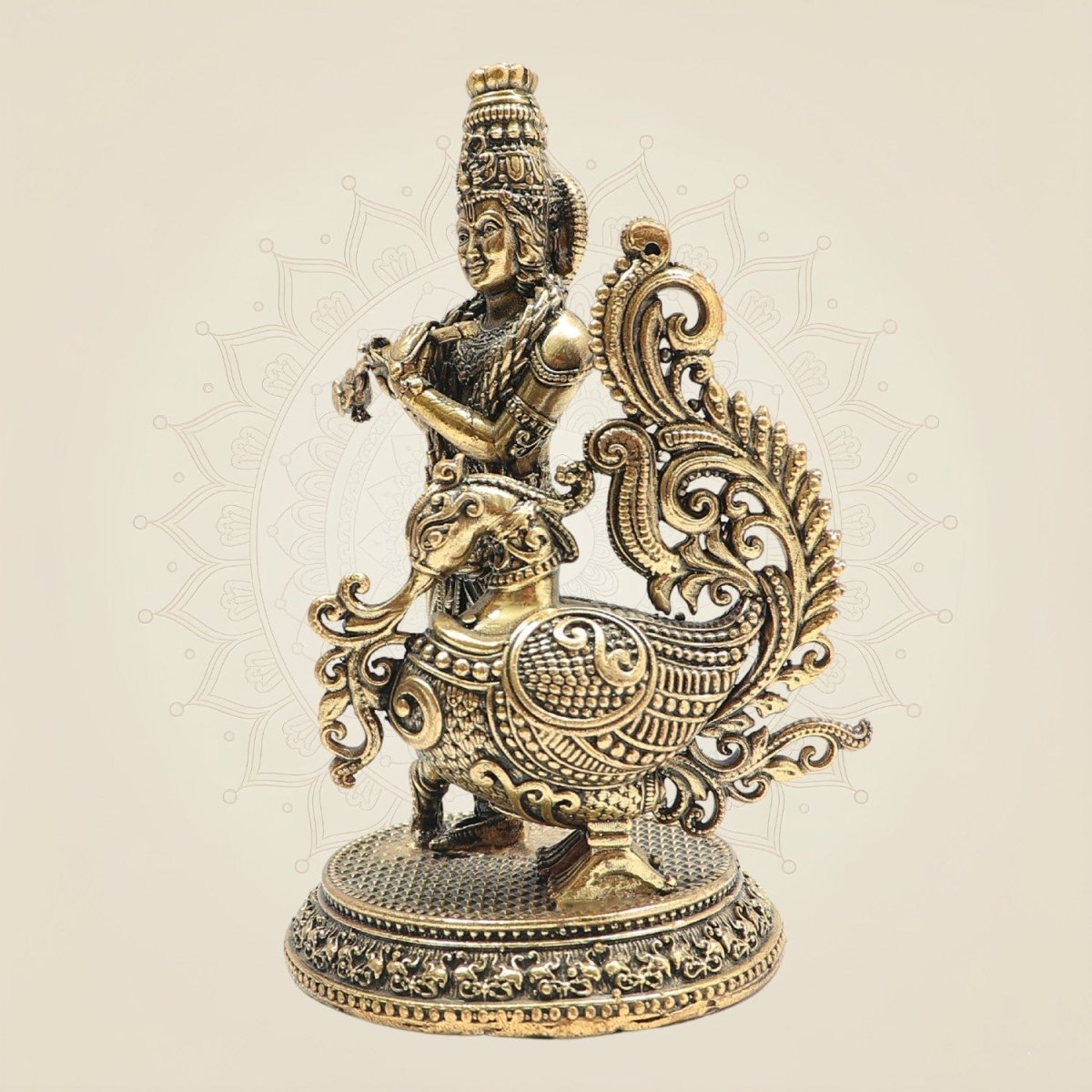 Lord Krishna Brass Idol with Peacock for Home Temple 5" - Luxeartisanship