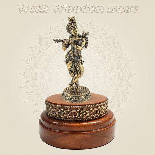 Lord Krishna Brass Statue 6.5" with Peacock Motif Presented on a Wooden Base