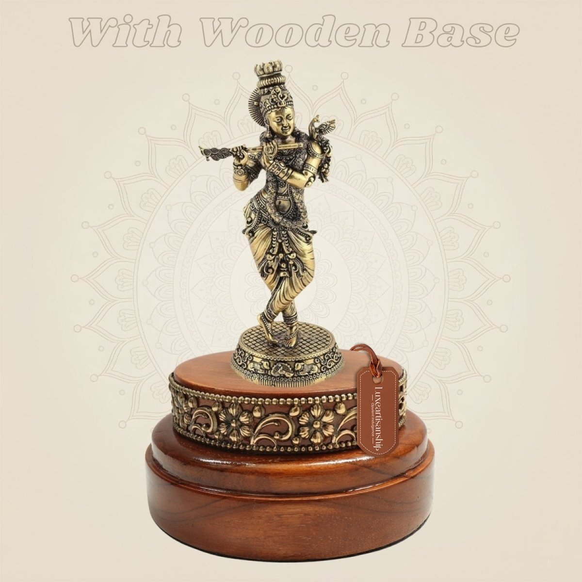 Lord Krishna Brass Statue with Peacock Motif Presented on a Wooden Base