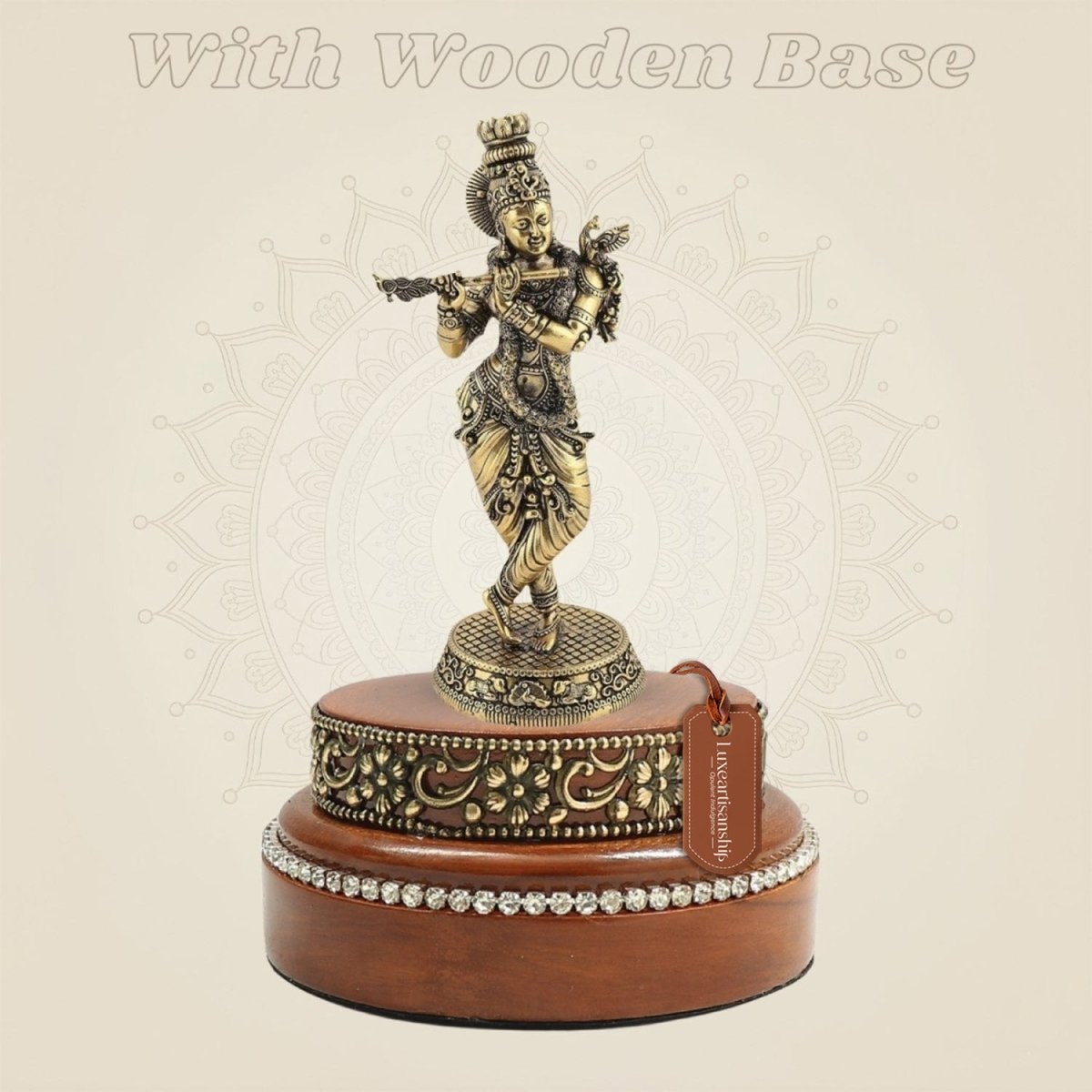 Brass Krishna Idol on a Wooden Base