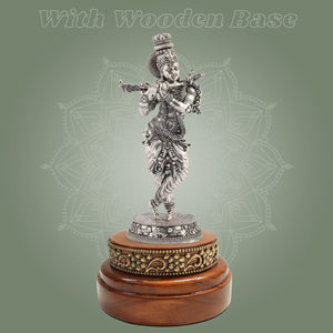 Lord Krishna Idol on Round Wood Base – 7.5" Silver Finish Handcrafted Pure Brass - Luxeartisanship
